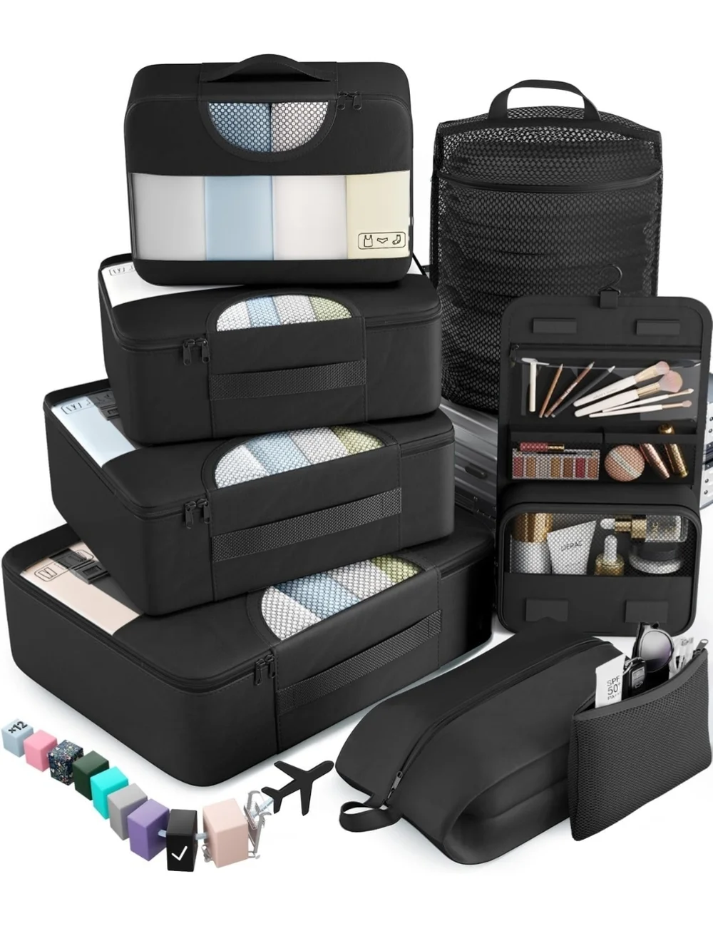 Travel Packing Cubes and Toiletry Bag Set - Black